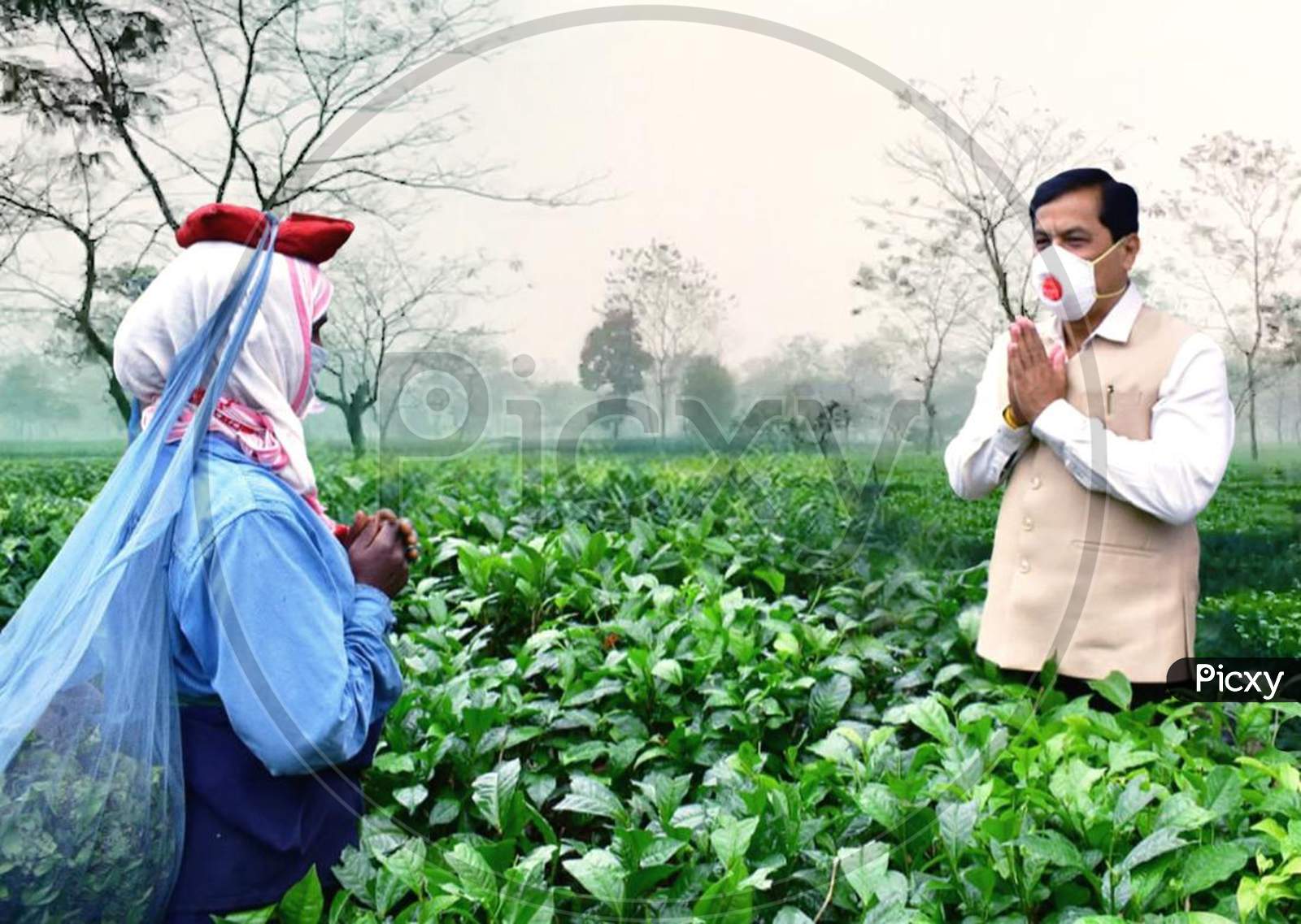 Assam Chief Minister Sarbananda Sonowal Interacted With The Tea Garden Workers During Nationwide Lockdown Amidst Coronavirus or COVID-19  Outbreak 
 in Dibrugarh District Of Assam On April 24,2020.