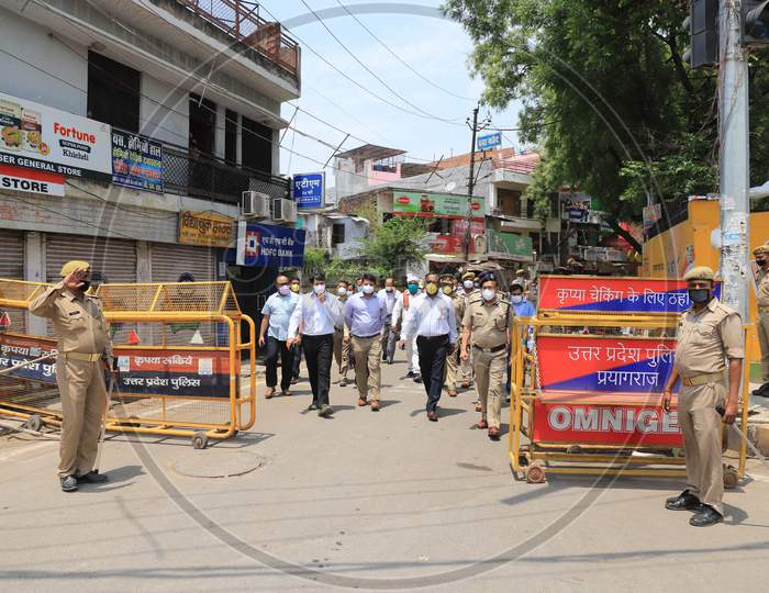 Policemen  And Administrative Officers Patrol In a Hot Spot Area During Nationwide Lockdown Amidst Of Coronavirus or COVID-19 Outbreak in Prayagraj,April 25  2020