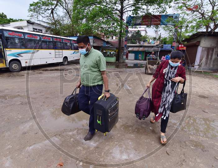 Passengers Arriving At A.S.T.C Bus Stand To Travel To their Hometowns During Nationwide lockdown Amidst Coronavirus or COVID-19 Outbreak in Nagaon Assam , April 25 2020