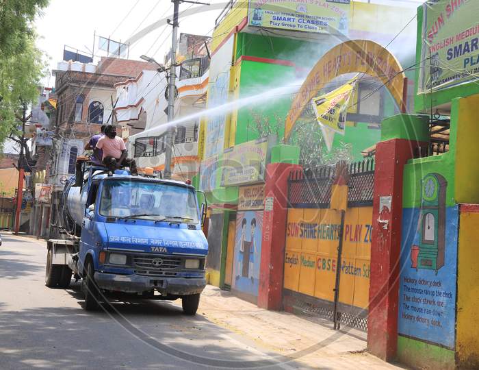 Municipality Workers Spraying Sanitizer In an Hot Spot Area During Nationwide Lockdown Amidst Coronavirus Or COVID-19 Outbreak in Prayagraj, April 25 2020