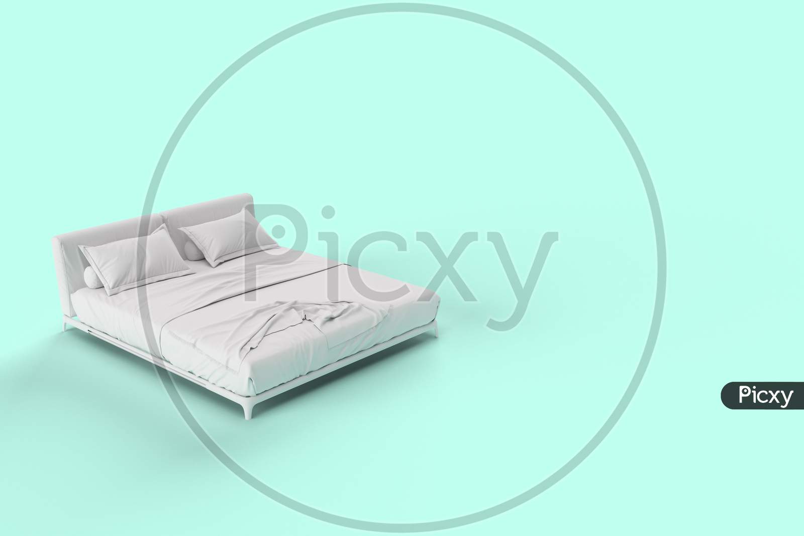 3D Render Distant Side Angle View Of White Bed With White Pillow Cover And White Bed Sheet And Blanket For Mockup With A Pastel Cyan Background.