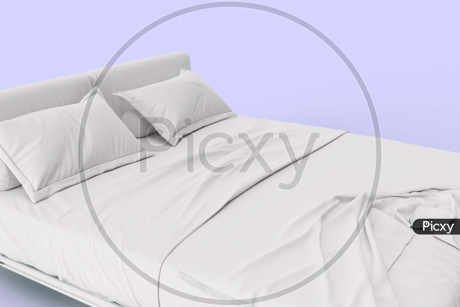 3D Render Close Up View Of White Bed With White Pillow Cover And White Bed Sheet And Blanket For Mockup With A Pastel Mauve Background.