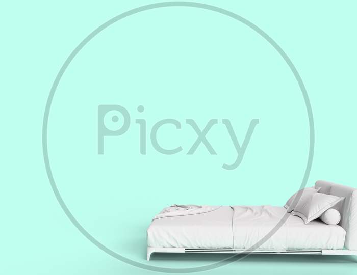 3D Render Side View Of White Bed With White Pillow Cover And White Bed Sheet And Blanket For Mockup With A Pastel Cyan Background.