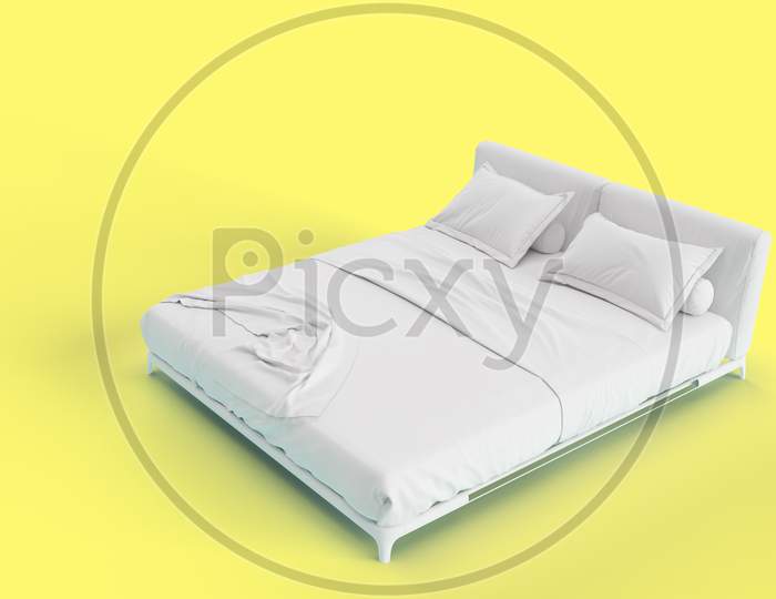 3D Render Right Side Angle View Of White Bed With White Pillow Cover And White Bed Sheet And Blanket For Mockup With A Solid Yellow Background.