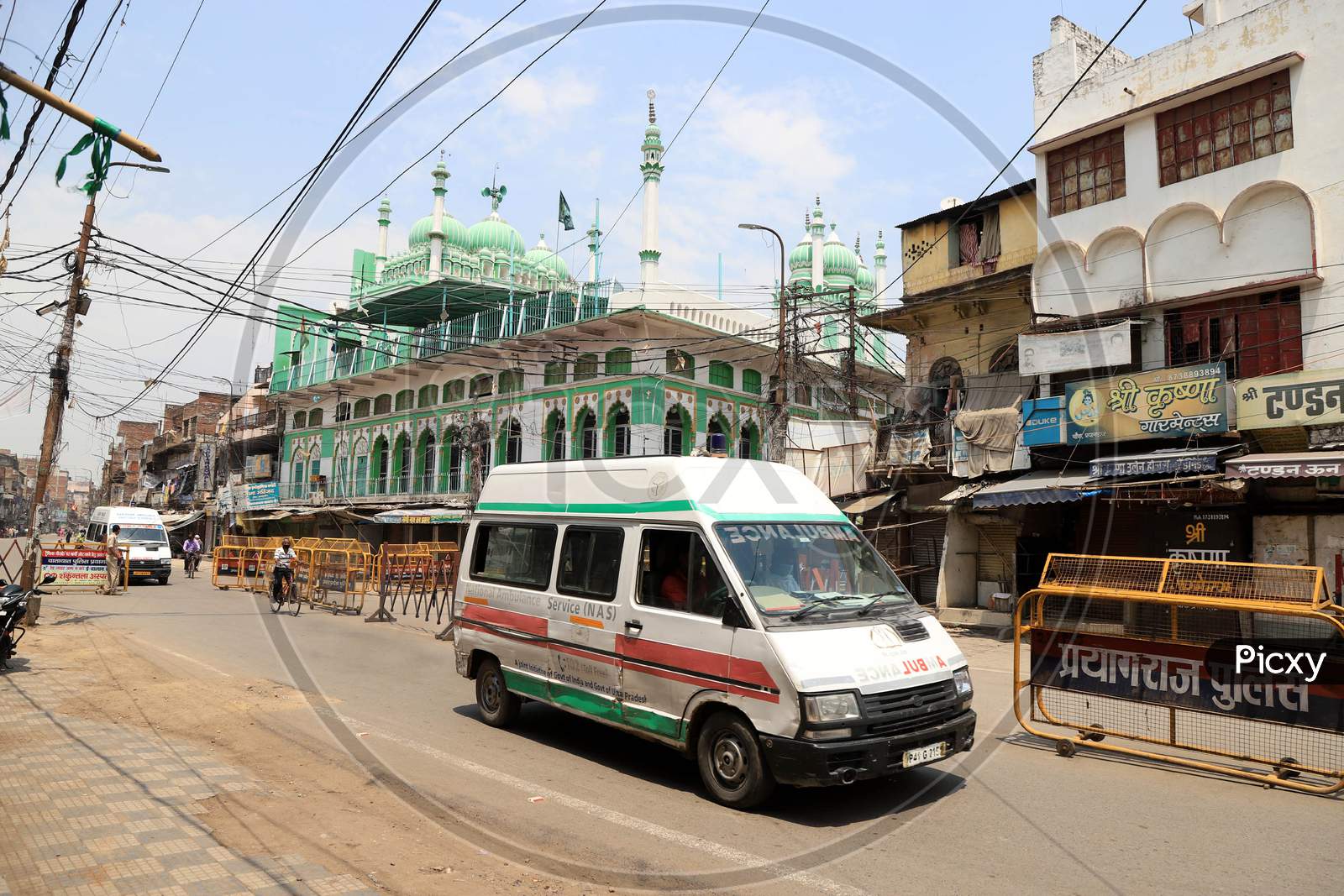 An Ambulance Near  Barricades In-front Of Jama Masjid during Nationwide Lockdown Amidst Coronavirus or COVID-19 Outbreak In Prayagraj