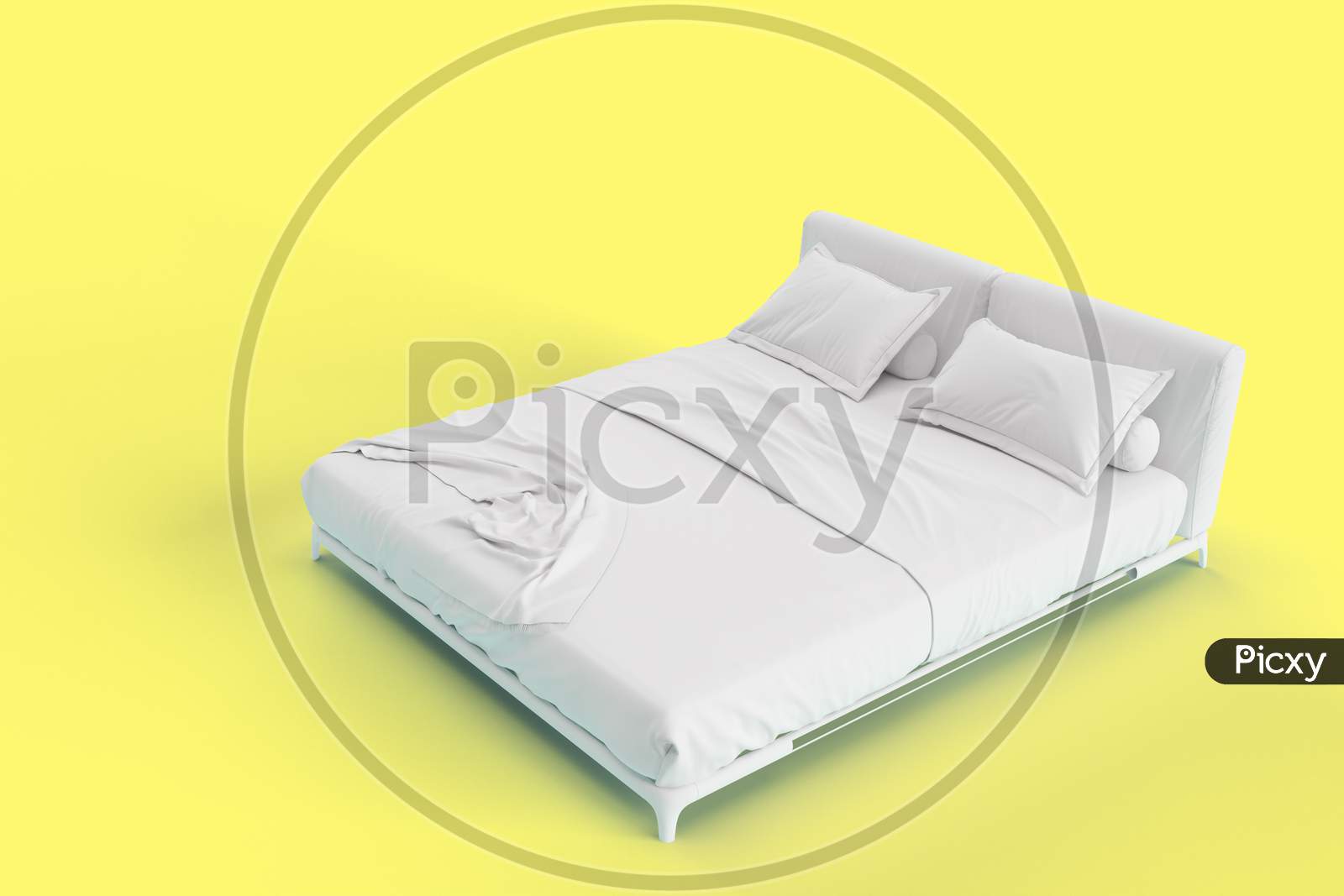 3D Render Right Side Angle View Of White Bed With White Pillow Cover And White Bed Sheet And Blanket For Mockup With A Solid Yellow Background.
