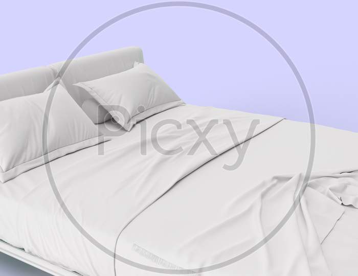 3D Render Close Up View Of White Bed With White Pillow Cover And White Bed Sheet And Blanket For Mockup With A Pastel Mauve Background.