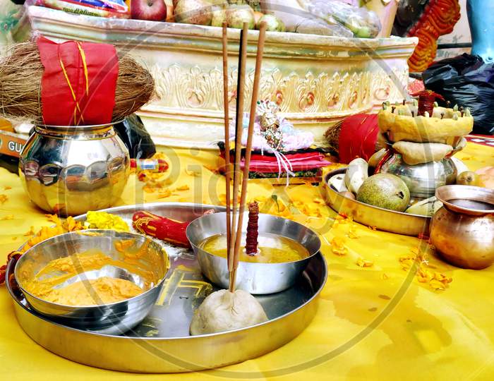 Beautifully Decorated Pooja Thali For Festival Celebration To Worship, Haldi Or Turmeric Powder And Kumkum, Flowers, Scented Sticks In Plate, Hindu Puja Thali