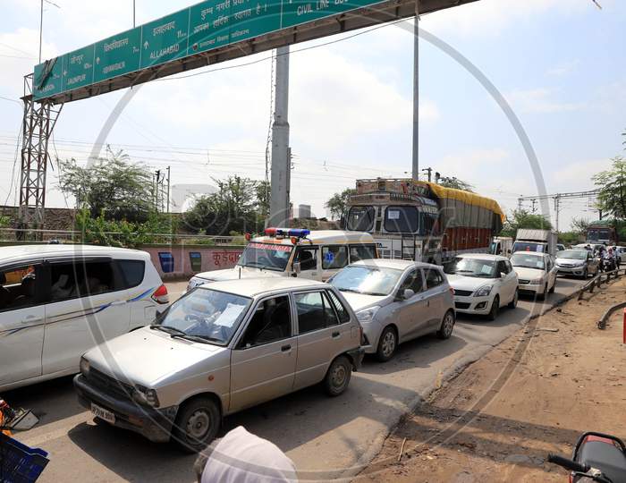 Traffic Jam At Prayagraj City Entrance During Nationwide Lockdown Amidst Coronavirus Or COVID-19  Pandemic In Prayagraj April 27, 2020