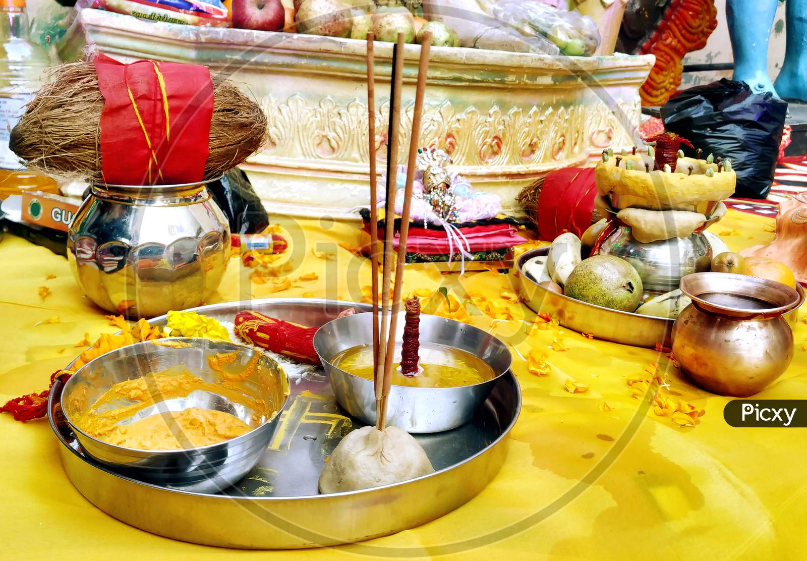 Beautifully Decorated Pooja Thali For Festival Celebration To Worship, Haldi Or Turmeric Powder And Kumkum, Flowers, Scented Sticks In Plate, Hindu Puja Thali