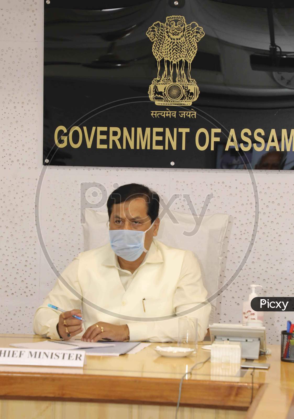 Assam Chief Minister Sarbananda Sonowal Attending The Prime Minister's  Video Conference With Chief Ministers About Nationwide Lockdown Amidst Coronavirus Or COVID-19 Outbreak  In Guwahati  On April 27,2020