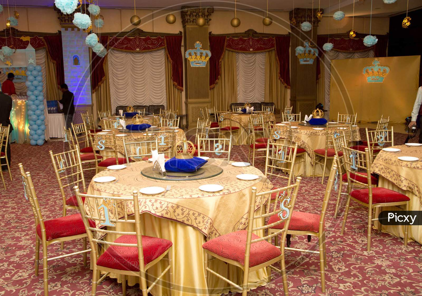 Restaurant interior decoration with seating chair and table, part of hotel for party and celebration.