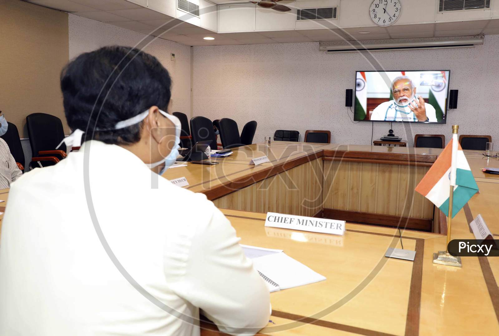 Assam Chief Minister Sarbananda Sonowal Attending The Prime Minister's  Video Conference With Chief Ministers About Nationwide Lockdown Amidst Coronavirus Or COVID-19 Outbreak  In Guwahati  On April 27,2020