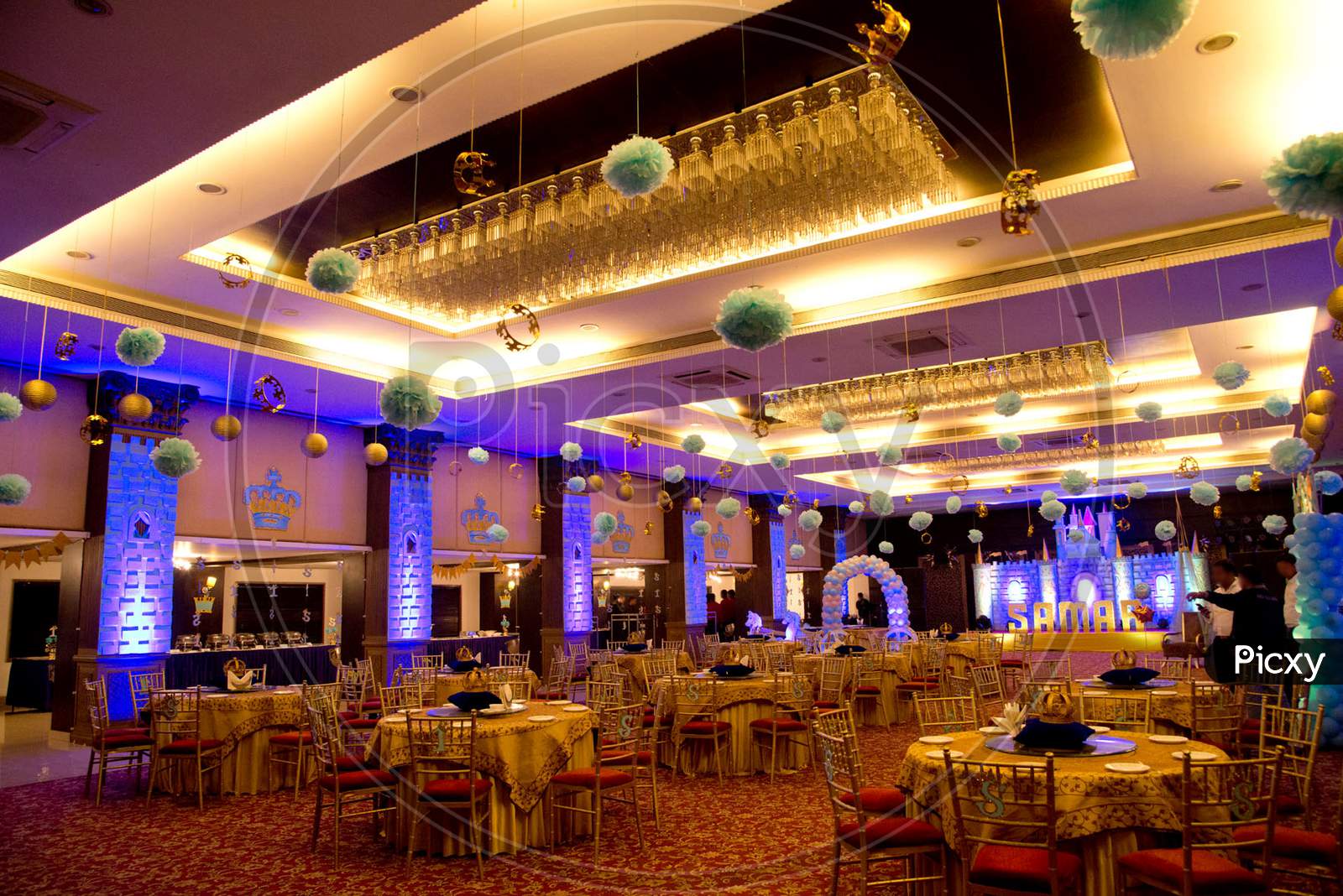 Restaurant interior decoration with seating chair and table, part of hotel for party and celebration.