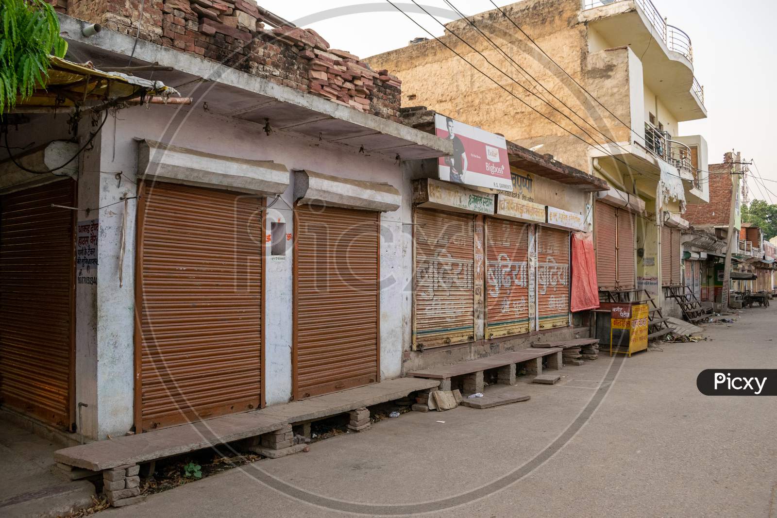 Shops at a Market closed due to the nationwide lockdown amid coronavirus or covid 19 outbreak in India