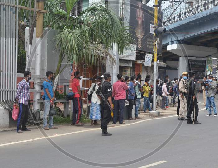 Security Personnel Punish The People For Flouting The Lockdown Rules During Nationwide Lockdown Amidst Coronavirus or COVID-19 Pandemic In Guwahati On April 28, 2020