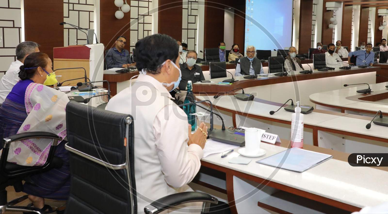 Assam Chief Minister Sarbananda Sonowal In A Meeting To Discuss Economic Issues Of State  During Nationwide Lockdown Amidst Coronavirus or COVID-19 Pandemic In Guwahati On April 28, 2020