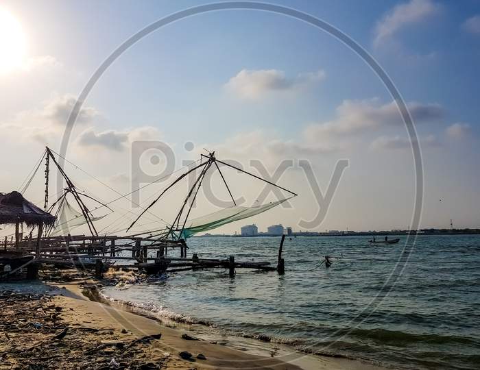 April 20Th, 2020-Kochi, Kerala, India- Vacated And Deserted Chinese Fishing Net Systems During The Day In Covid 19 Lockdown In Kochi,Kerala, India.