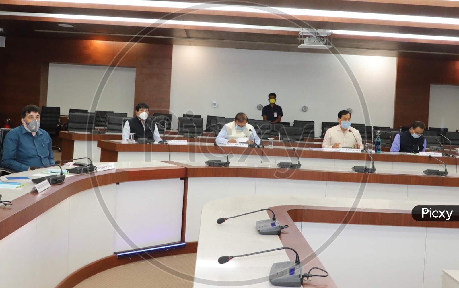 Assam Chief Minister Sarbananda Sonowal In A Meeting To Discuss Economic Issues Of State  During Nationwide Lockdown Amidst Coronavirus or COVID-19 Pandemic In Guwahati On April 28, 2020