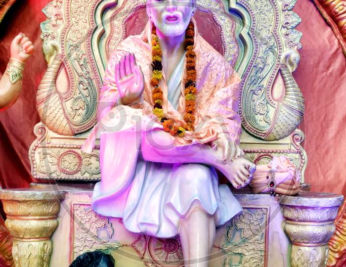 Indian Hindu God Shirdiwale Sai Baba Blessing Stone Idol In Hindu Spiritual Temple, Regarded By His Devotees As A Saint.