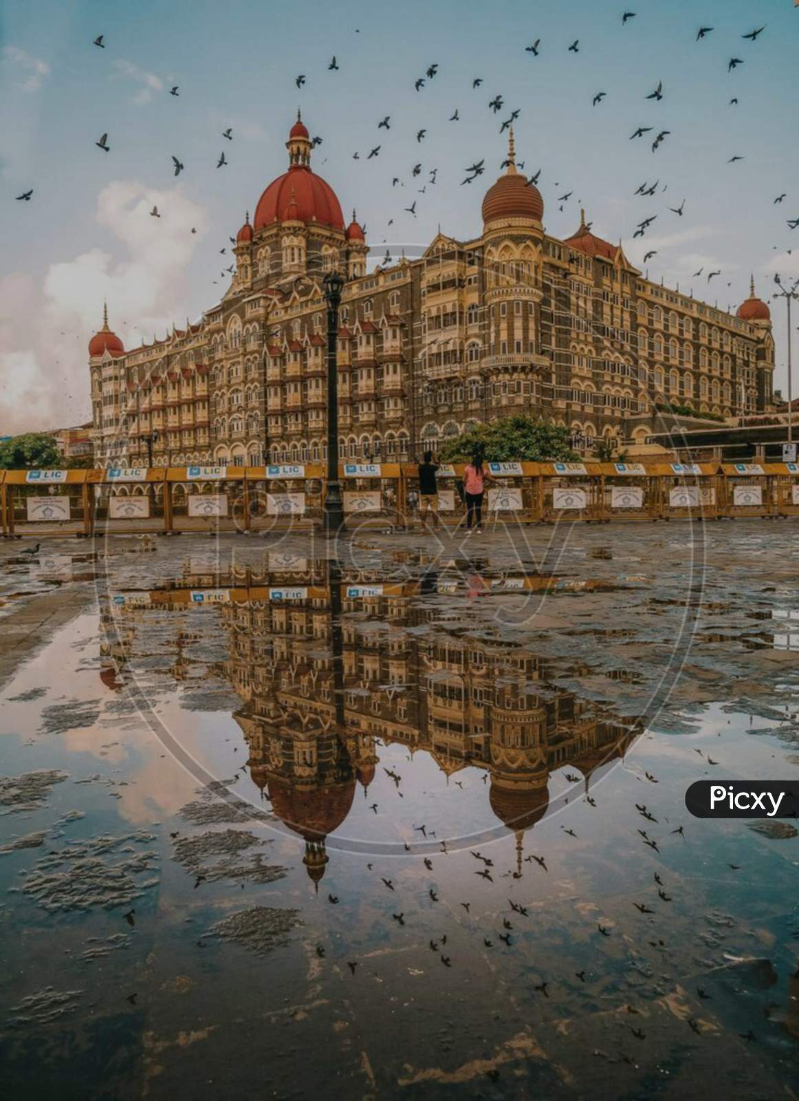 The Taj Palace of Mumbai city reflection with beautiful sky and birds flying