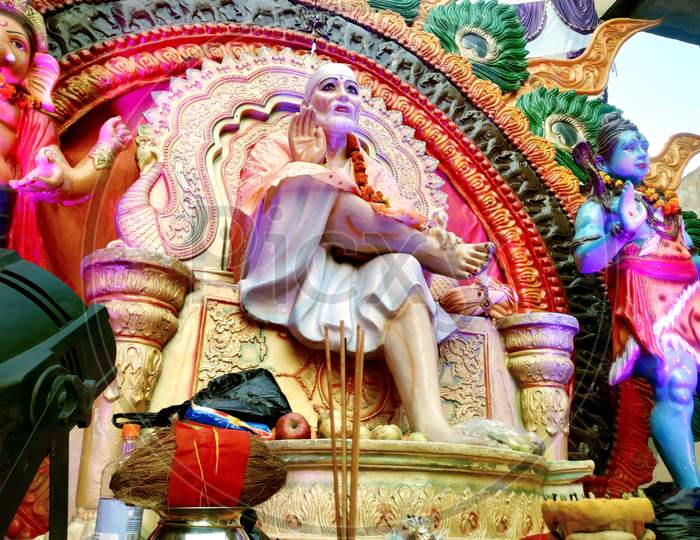 Indian Hindu God Shirdiwale Sai Baba Blessing Stone Idol In Hindu Spiritual Temple, Regarded By His Devotees As A Saint.