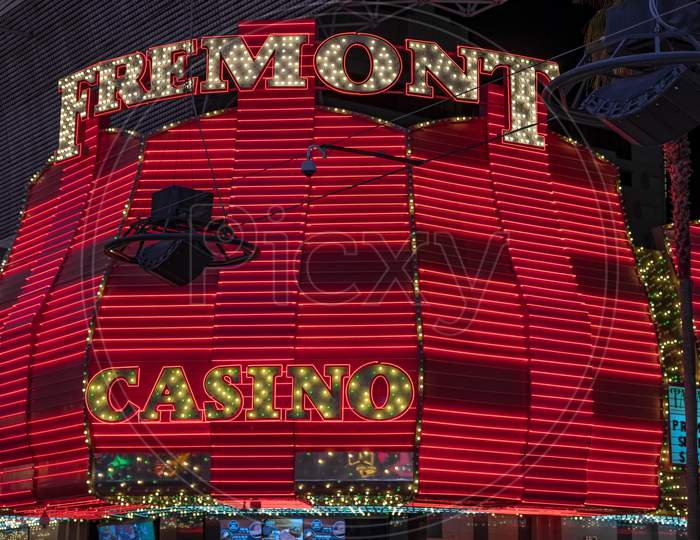 Las Vegas, Nevada, Usa, 09/30/2018. Lit Up Fremont Casino Sign. Fremont Street At Night. Editorial Use Only