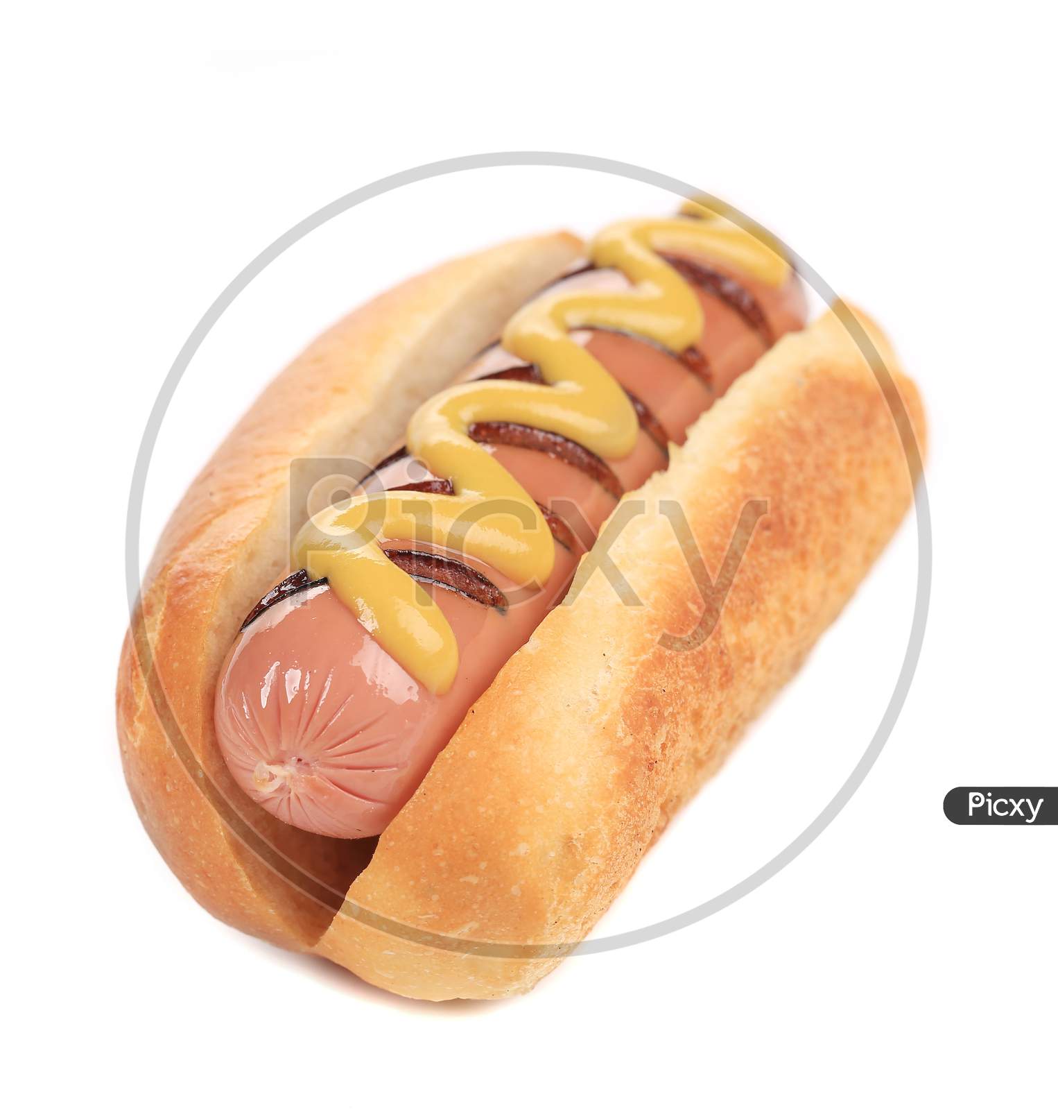 Close Up Of Hot Dog With Mustard. Isolated On A White Background.