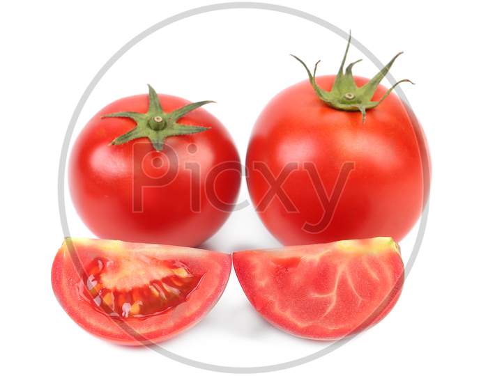 Fresh Tomatoes And Segments. Isolated On A White Background.