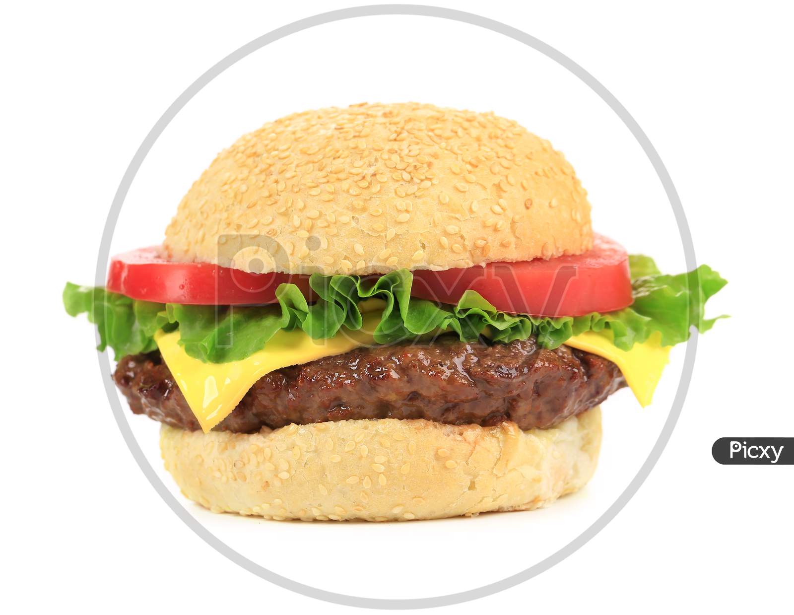 Appetizing Fast Food Hamburger. Isolated On A White Background.