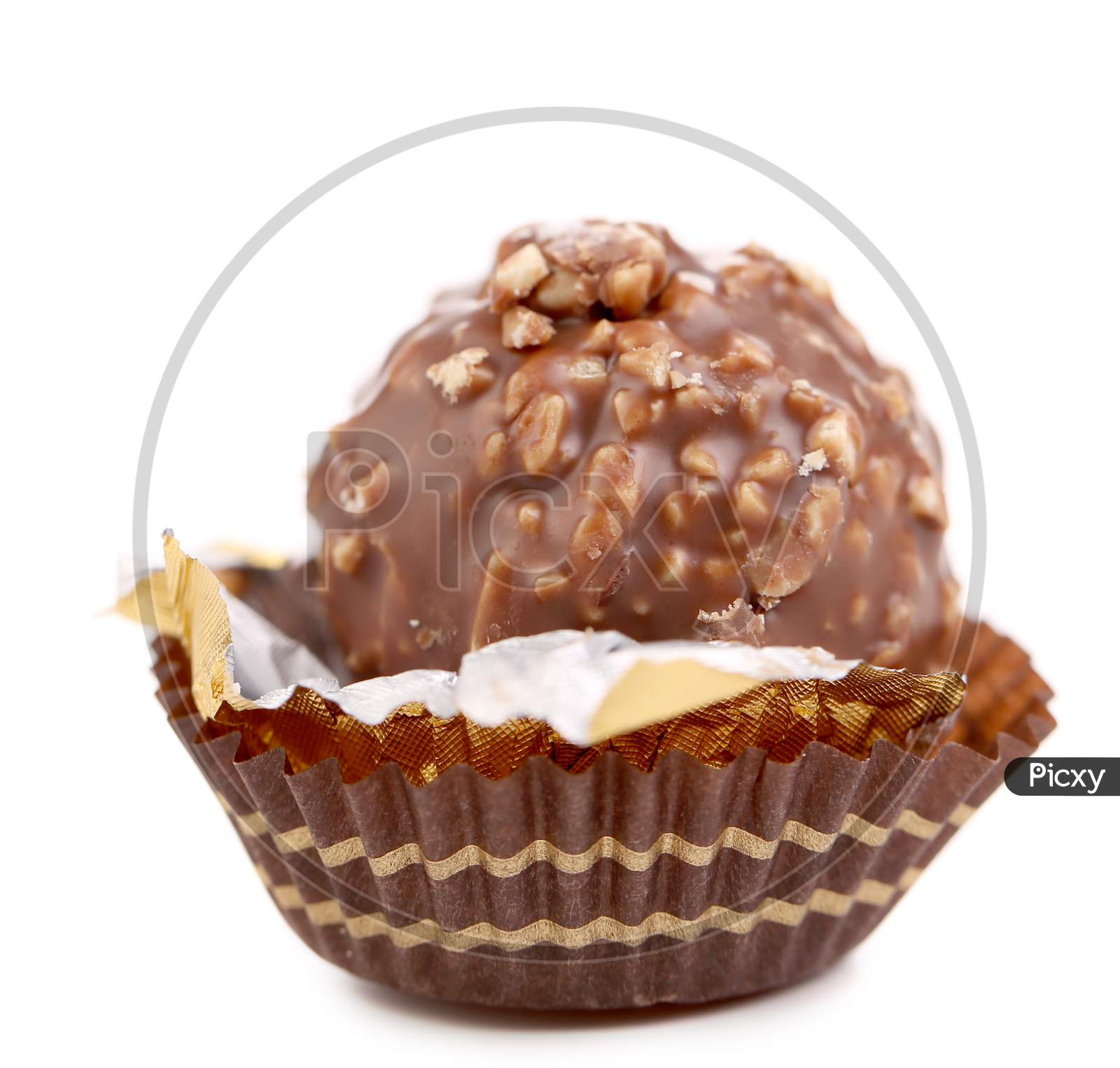 Chocolate Gold Bonbon With Nuts. Isolated On A White Background.