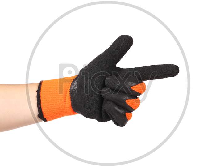 Point Finger In Black Rubber Glove. Isolated On A White Background.
