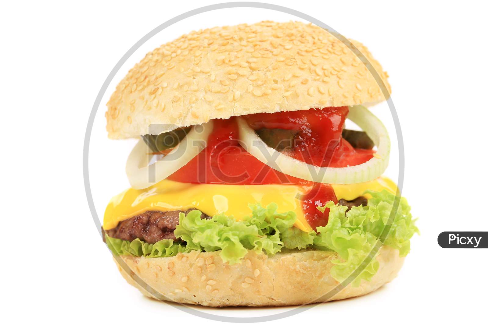 Appetizing Fast Food Hamburger. Isolated On A White Background.