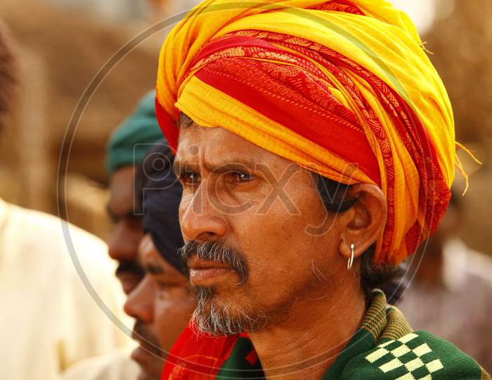 Rajasthani Local Man Wearing Turban In Rural Villages