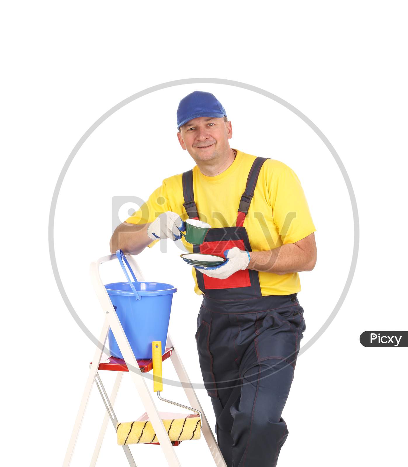 Worker On Ladder With Cup Of Tea. Isolated On A White Background.