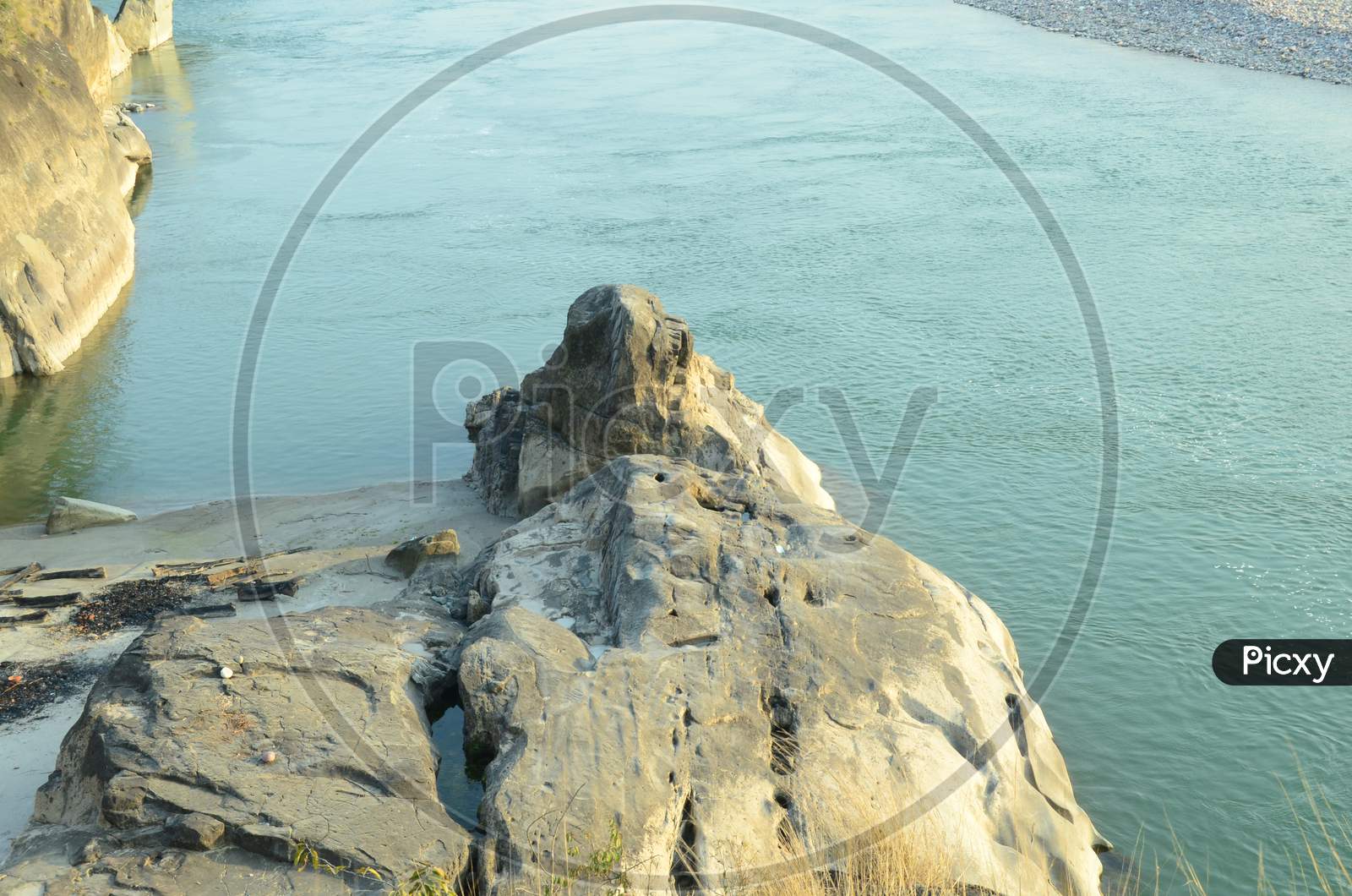 Stone Large View Towards River Beas Himachal Pradesh India