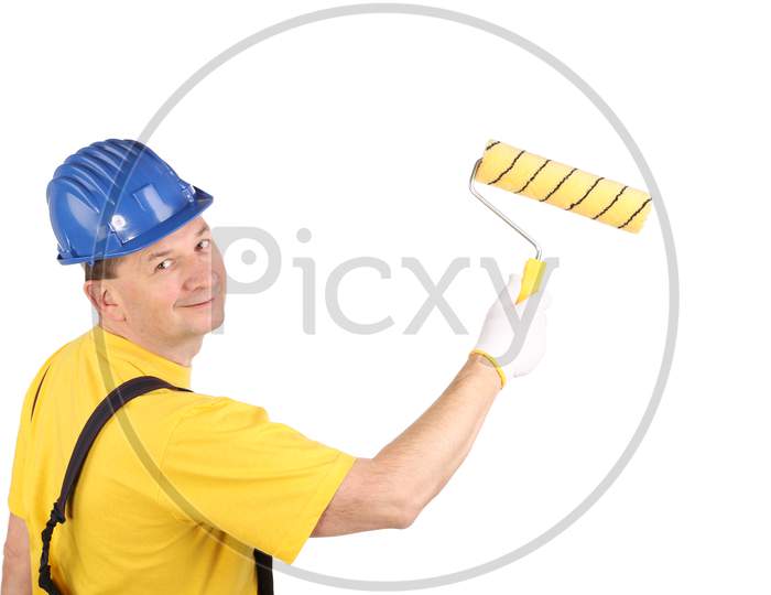 Worker In Hardhat Paints. Isolated On A White Background.
