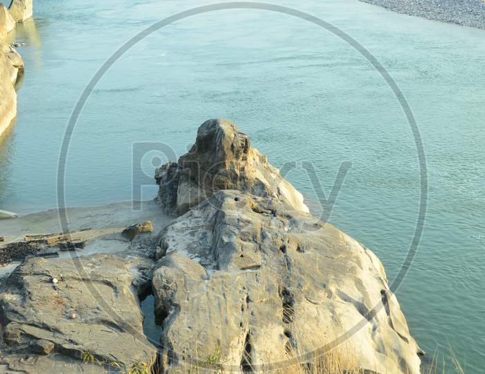 Stone Large View Towards River Beas Himachal Pradesh India