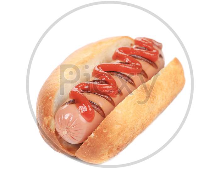 Hot Dog With Ketchup. Isolated On A White Background.