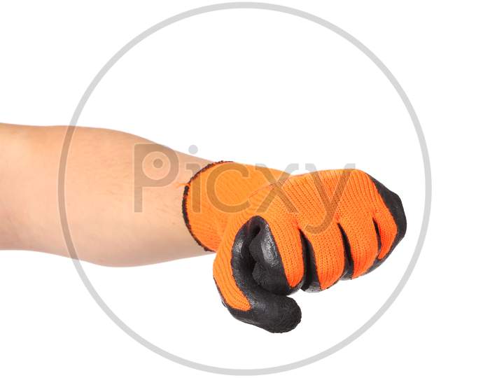 Fist In Rubber Orange Glove. Isolated On A White Background.