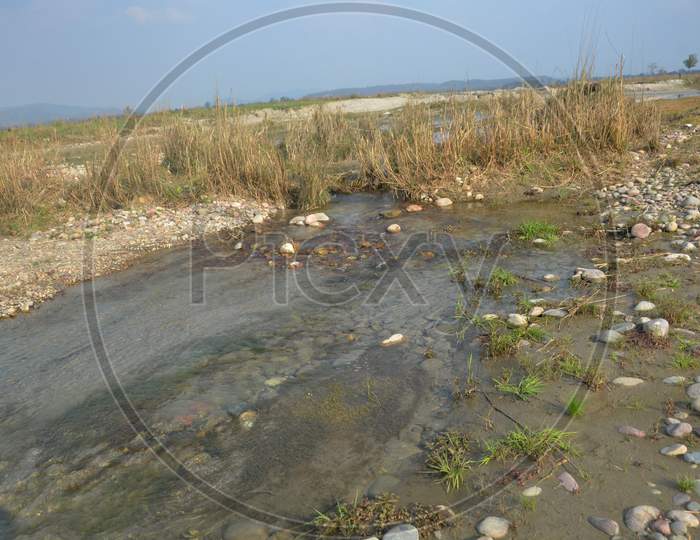 Water Flow In River Beas With Ground Himachal Pradesh India