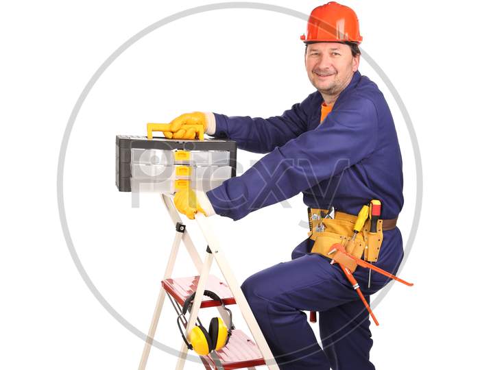 Worker On Ladder With Toolbox. Isolated On A White Background.