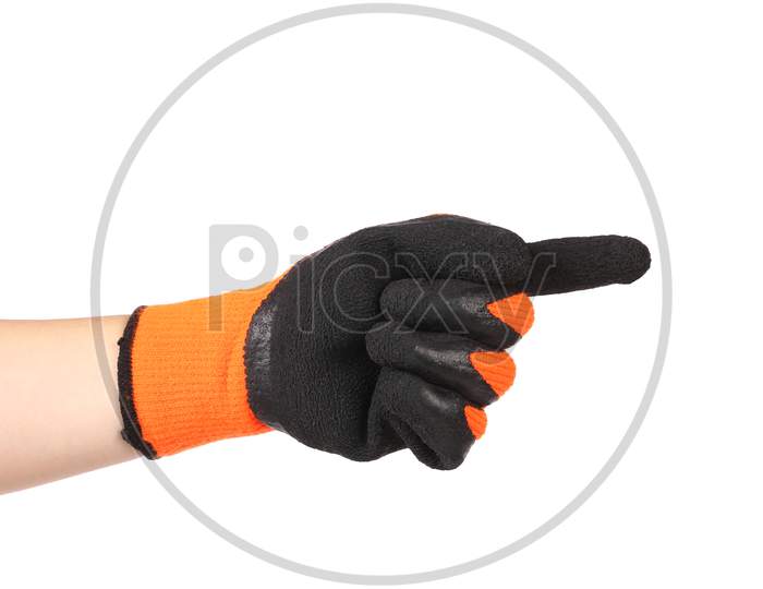 Point Finger In Black Rubber Glove. Isolated On A White Background.
