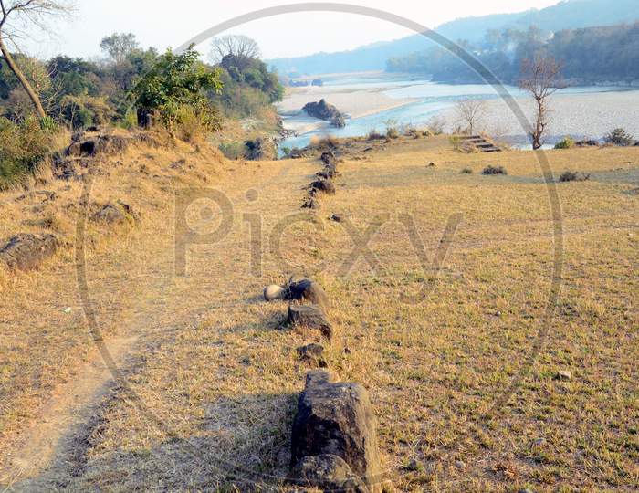 Single Stone Line Towards River Beas Hamirpur Himachal Pradesh India