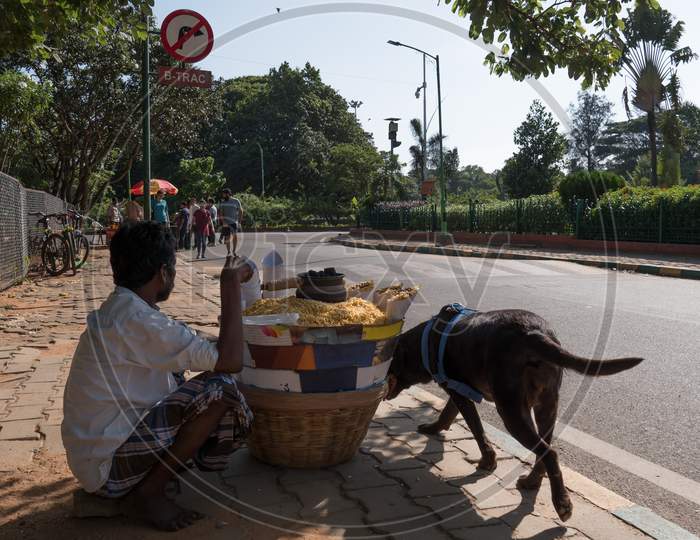 Bengaluru, Karnataka / India - November 27 2019: A dog and a street side vendor sitting on the platform inside Cubbon park selling puffed rice which is a famous snack