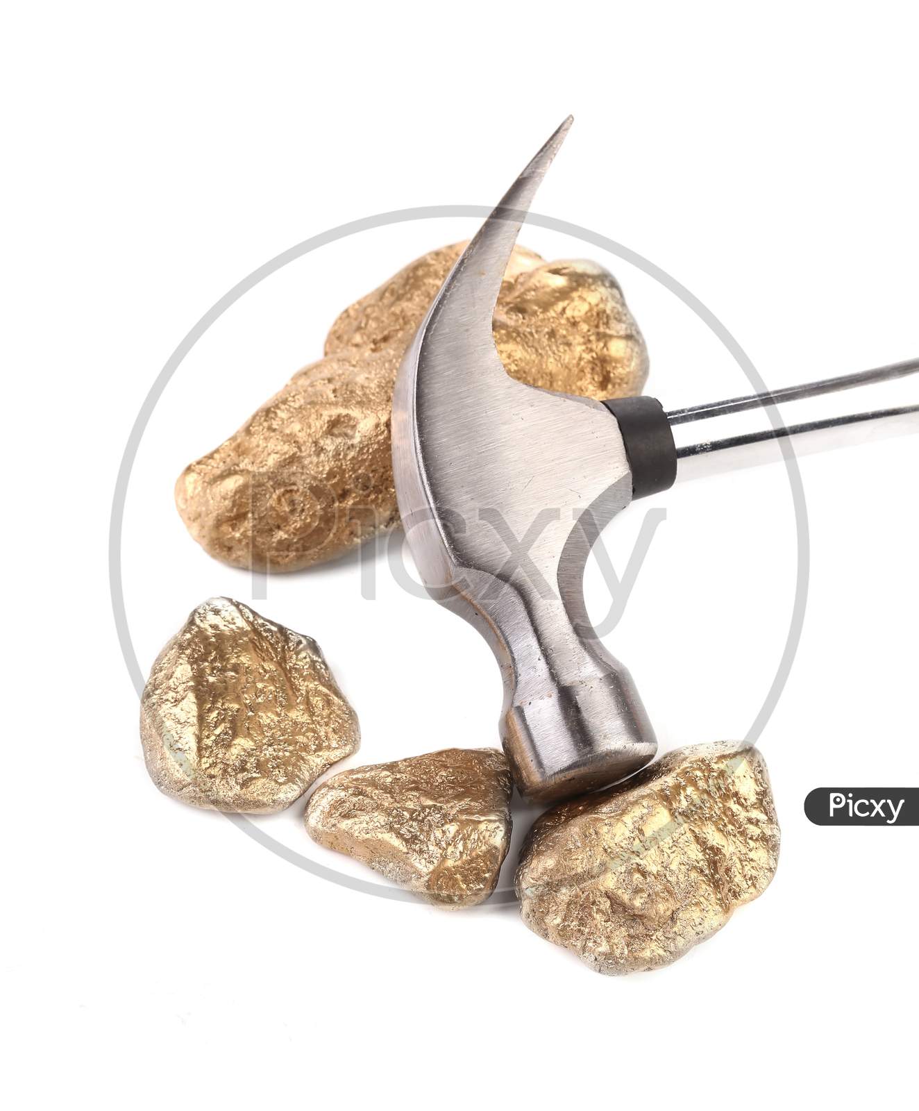 Closeup Of Metal Hammer With Gold Nuggets. Isolated On A White Background.