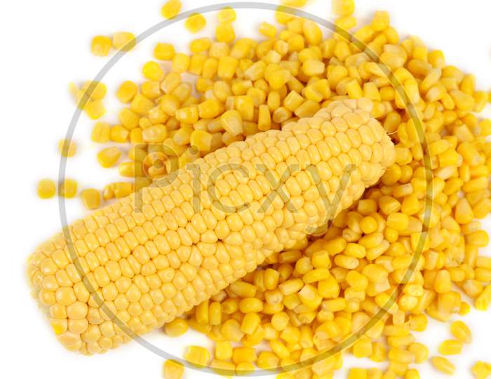 Corncobs And Canned Corns. Isolated On A White Background.
