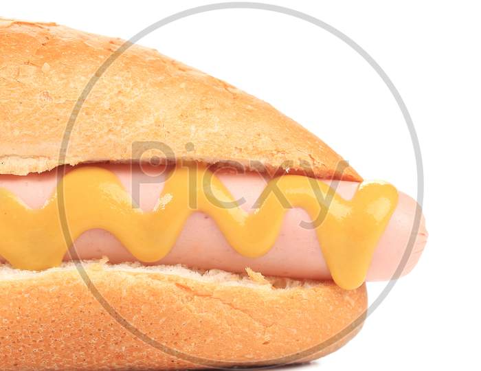 Close Up Of Hot Dog With Mustard. Whole Background.