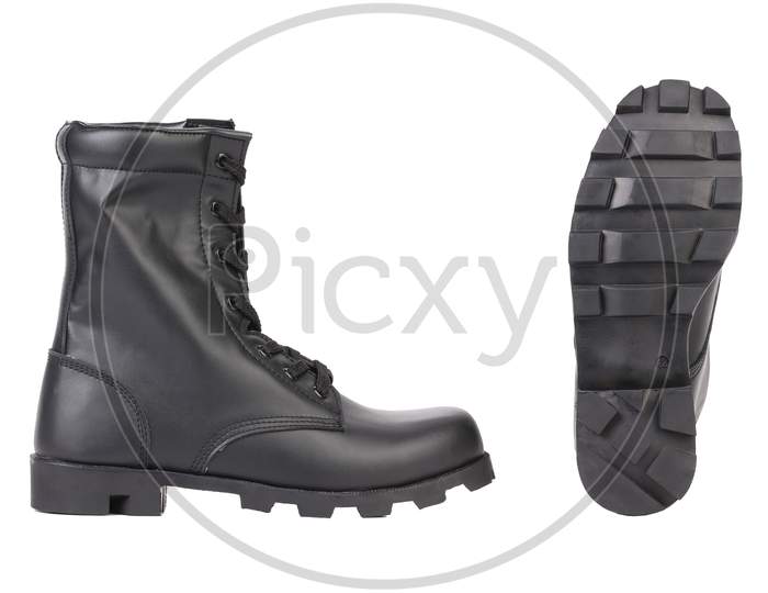 High Black Man'S Boots. Isolated On A White Background.