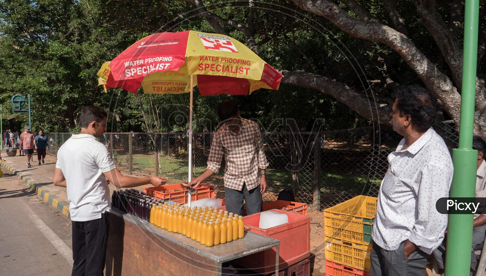 Bengaluru, Karnataka, India - 08 November 2019: People buying juice from the old and famous juice stall inside Cubbon park during their morning walk.